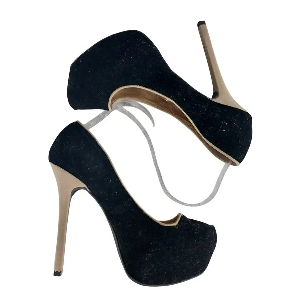 QUPID! BLACK VELVETEEN & TAN VEGAN SUEDE STILETTO PLATFORM HEELS, PUMPS! SZ 8.5M